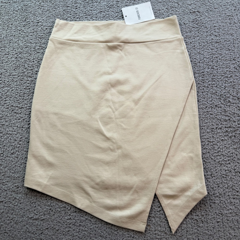 Forever 21 Beige Asymmetrical Wrap Mini Skirt Small Tulip Stretch NWT